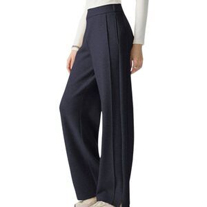 OGL FuzzLuxe Cozy Wool Blend High Waist Ankle Slit Straight Leg Pants Navy XS
